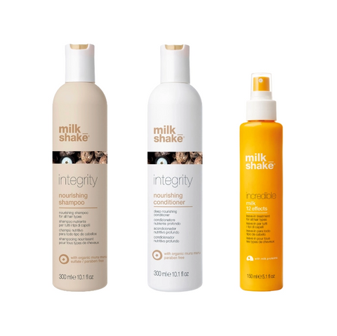 Pachet reparare si hidratare integrity - sampon 300ml, balsam 300ml, tratament 12 efecte 150ml SET MILK SHAKE - Shiny Beauty