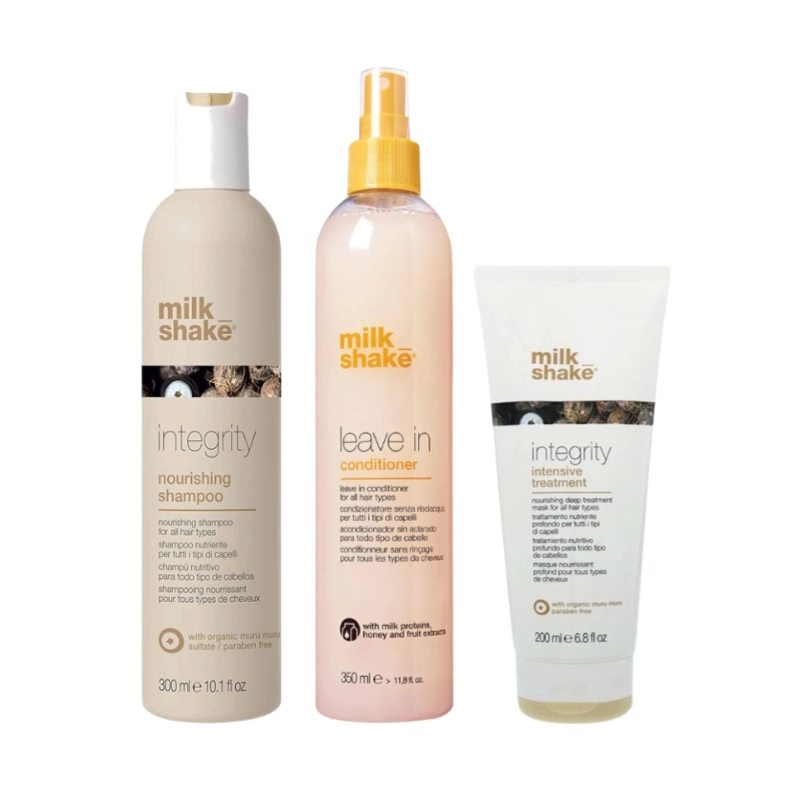 Pachet reparare si hidratare integrity - sampon 300ml, masca 200ml, leave in 350ml SET MILK SHAKE - Shiny Beauty