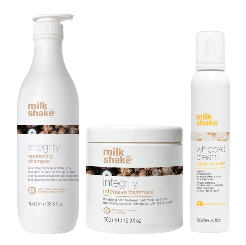 Pachet reparare si hidratare integrity - sampon 1000ml, masca 500ml, spuma 200ml SET MILK SHAKE - Shiny Beauty