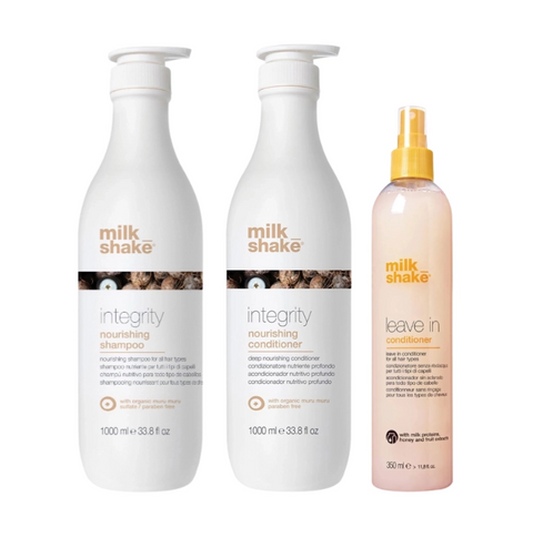 Pachet reparare si hidratare integrity - sampon 1000ml, balsam 1000ml, leave-in 350ml SET MILK SHAKE - Shiny Beauty