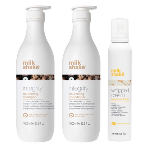 Pachet reparare si hidratare integrity - sampon 1000ml, balsam 1000ml, spuma 200ml SET MILK SHAKE - Shiny Beauty