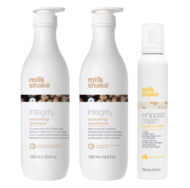 Pachet reparare si hidratare integrity - sampon 1000ml, balsam 1000ml, spuma 200ml SET MILK SHAKE - Shiny Beauty
