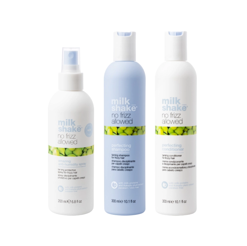 Pachet pentru netezirea parului no frizz allowed - sampon 300ml, balsam 300ml, spray 200ml SET MILK SHAKE - Shiny Beauty