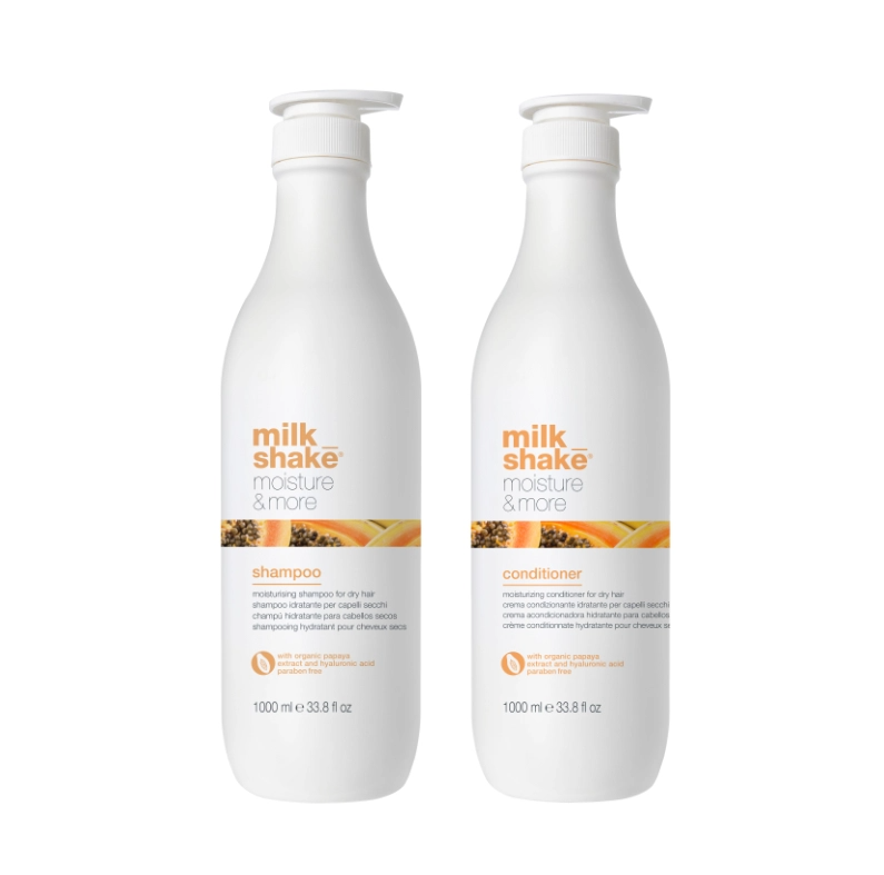 Pachet par uscat moisture & more - sampon 1000 ml, balsam 1000 ml SET MILK SHAKE - Shiny Beauty