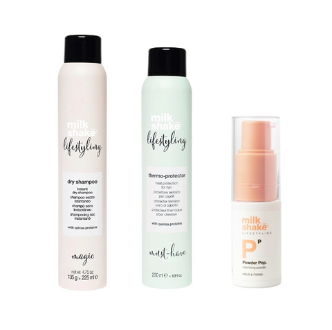 Pachet styling - protectie termica 200ml, sampon uscat 225ml, pudra volum 8g SET MILK SHAKE - Shiny Beauty