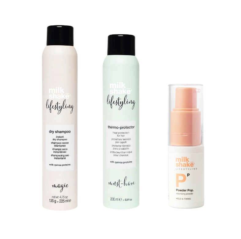 Pachet styling - protectie termica 200ml, sampon uscat 225ml, pudra volum 8g SET MILK SHAKE - Shiny Beauty