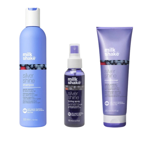 Pachet pentru par blond silver shine - sampon 300ml, balsam 250ml, spray silver shine 100ml SET MILK SHAKE - Shiny Beauty