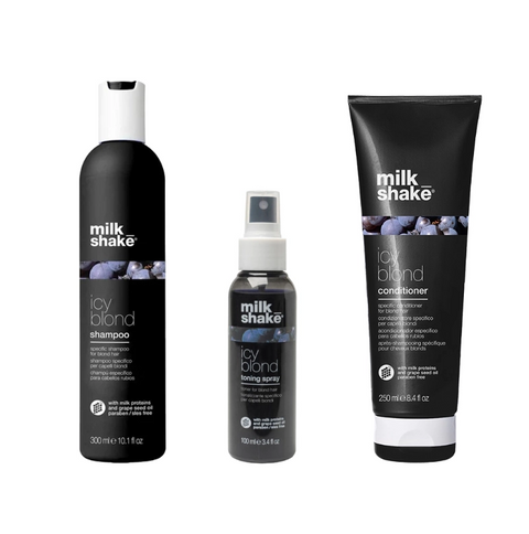 Pachet pentru par blond icy blond - sampon 300ml, balsam 250ml, spray toning icy 100ml  SET MILK SHAKE - Shiny Beauty