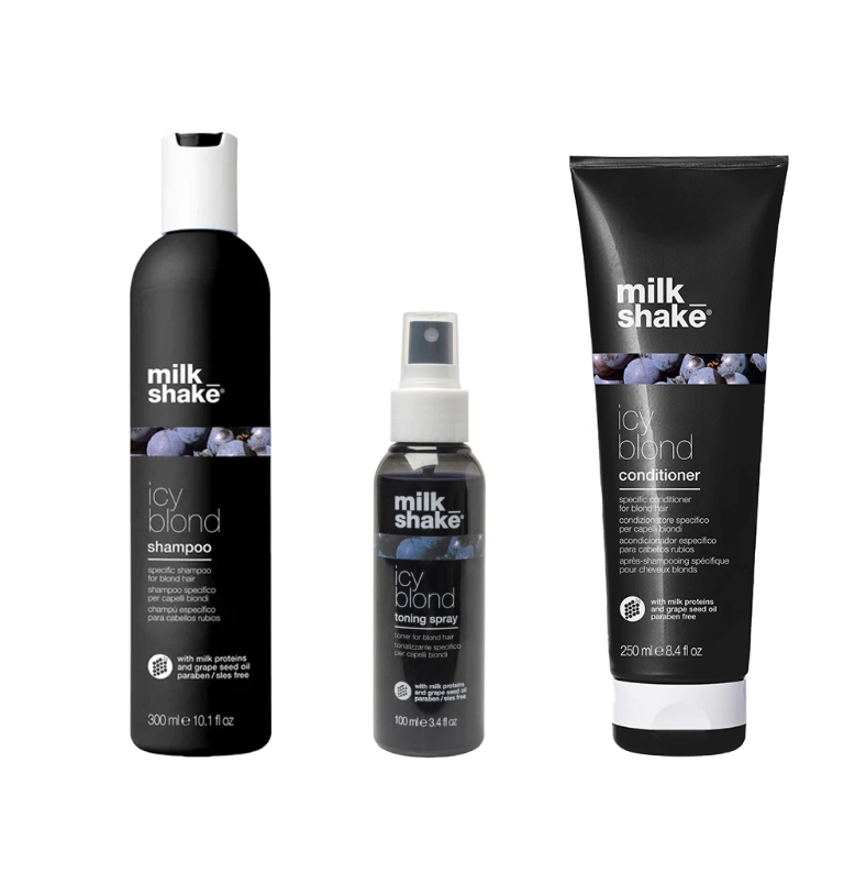Pachet pentru par blond icy blond - sampon 300ml, balsam 250ml, spray toning icy 100ml  SET MILK SHAKE - Shiny Beauty