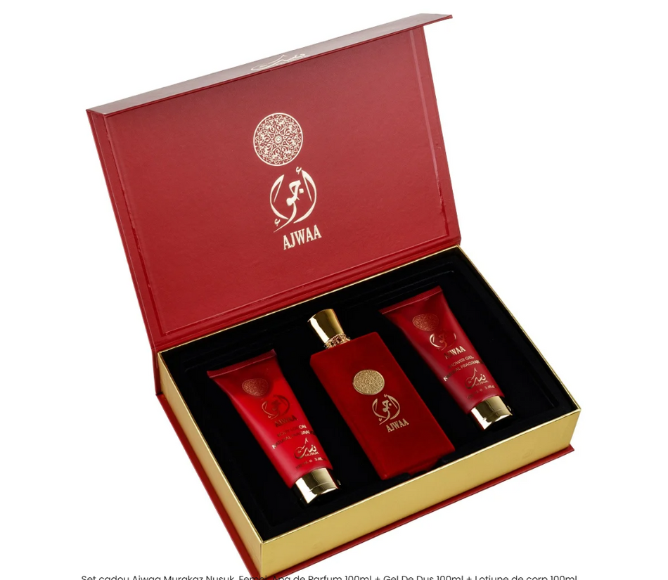 Set cadou Ajwaa Murakaz Nusuk, Femei, Apa de Parfum 100ml + Gel De Dus 100ml + Lotiune de corp 100ml
