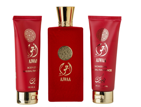 Set cadou Ajwaa Murakaz Nusuk, Femei, Apa de Parfum 100ml + Gel De Dus 100ml + Lotiune de corp 100ml
