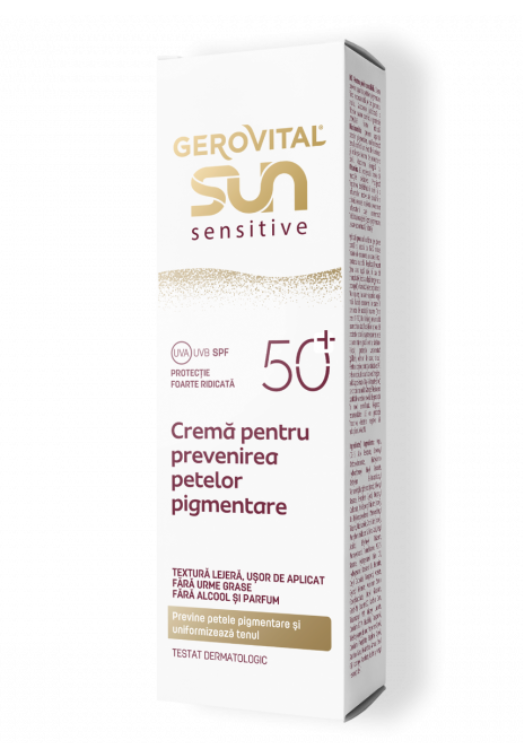 Gerovital Sun Cremă pentru Prevenirea Petelor Pigmentare SPF50+ Sensitive – Protecție Ridicată pentru piele sensibilă, Gerovital Sun, 50 ml - Shiny Beauty