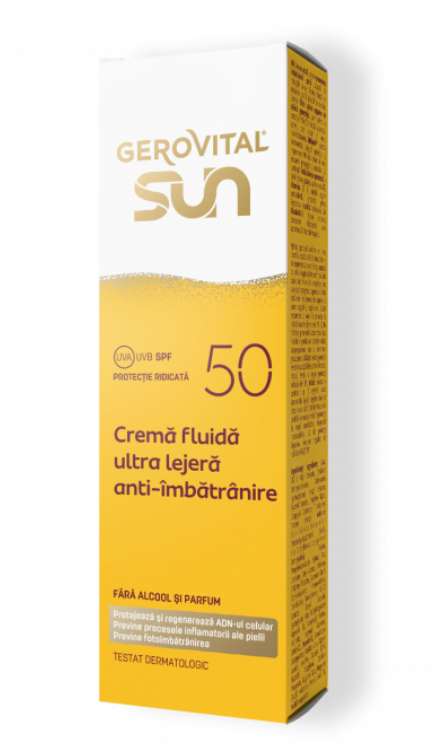Gerovital Sun Cremă Fuidă Ultra Lejeră Anti-Îmbătrânire SPF50 -Protecție Ridicată UVA/ UVB, Gerovital Sun, 50 ml - Shiny Beauty