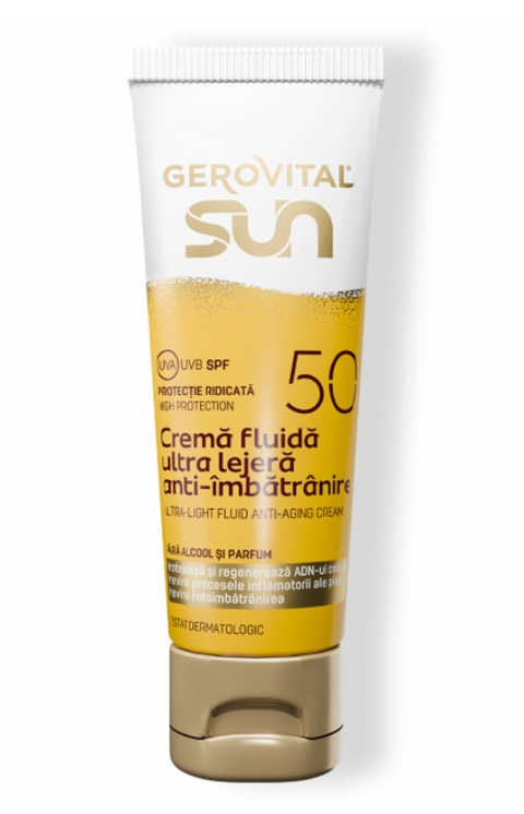 Gerovital Sun Cremă Fuidă Ultra Lejeră Anti-Îmbătrânire SPF50 -Protecție Ridicată UVA/ UVB, Gerovital Sun, 50 ml - Shiny Beauty