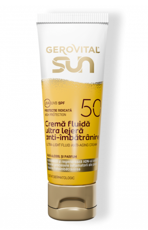 Gerovital Sun Cremă Fuidă Ultra Lejeră Anti-Îmbătrânire SPF50 -Protecție Ridicată UVA/ UVB, Gerovital Sun, 50 ml - Shiny Beauty