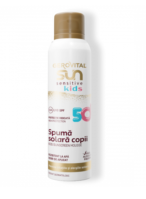Gerovital Sun,Spumă Protecție Solară Copii SPF50 Sensitive - Protecție ridicată pentru pielea delicată a copiilor, Gerovital Sun, 150 ml - Shiny Beauty