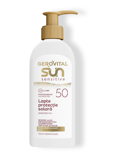 Gerovital Sun,Lapte Protecție Solară SPF50 Sensitive – Protecție Ridicată, Gerovital Sun, 200 ml - Shiny Beauty