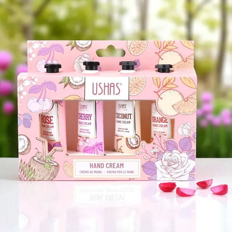 Set Cremă de Mâini Ushas – 4 Arome (Trandafir, Cireșe, Cocos, Portocală)