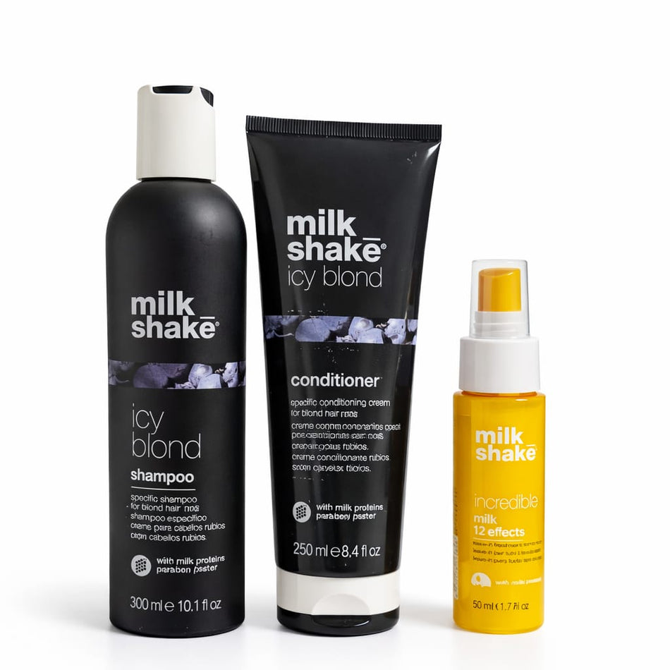 Pachet Milk Shake Icy Blond pentru crearea tonurilor reci - sampon 300 ml, balsam 250 ml, incredible milk 12 effects 55 ml