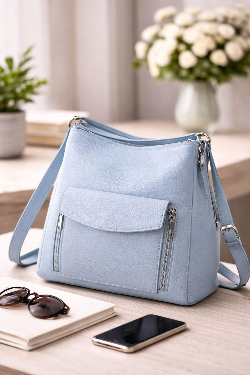 Poseta piele naturala tip rucsac Bleu - Shiny Beauty