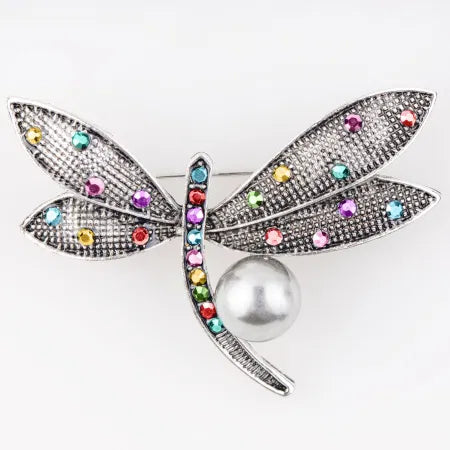 Brosa din aliaj si cristale zirconiu Libelula cu pietre si perle - Shiny Beauty