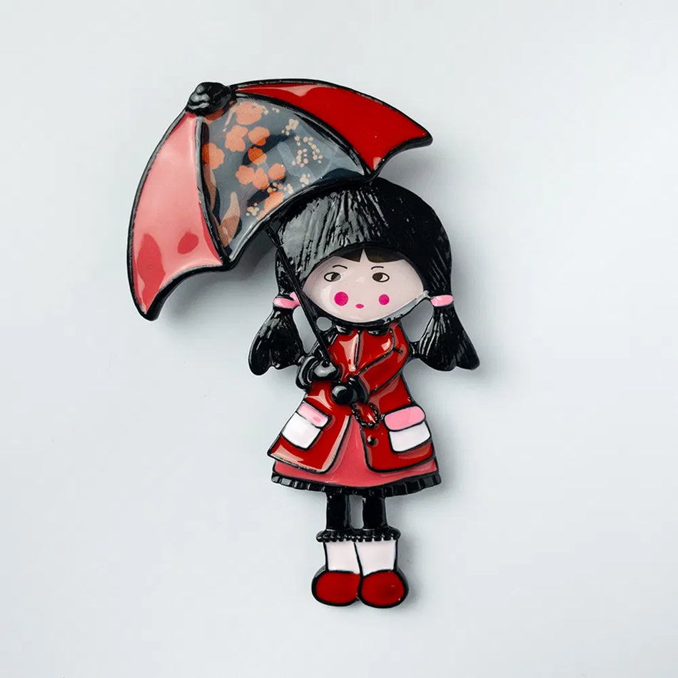 Brosa din aliaj color fetita cu umbrela v17