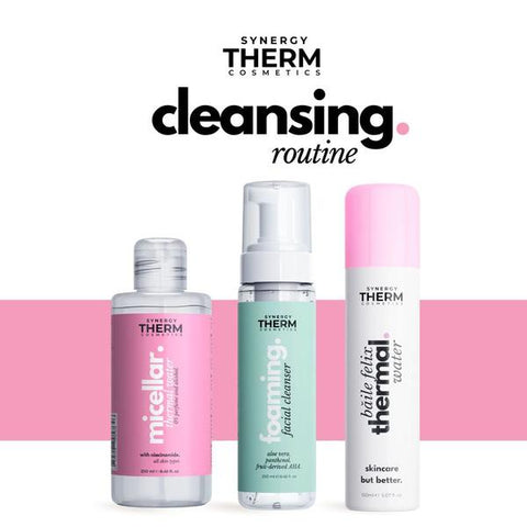 Set de Curatare a Tenului - Synergy Therm Cleansing Routine: Apa Micelara 250 ml + Spuma pentru Curatare Faciala, 250 ml + Apa Termala Spray, 150 ml SET CADOU SYNERGY THERM - Shiny Beauty