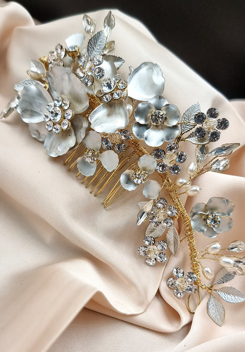 Accesoriu par ocazie auriu argintiu cu flori  #1007-Shiny Beauty